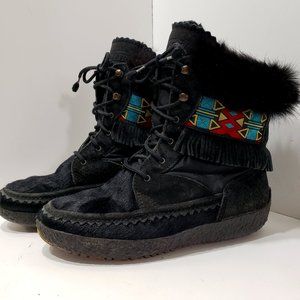 Tecnica Black Goat Hair Apres Ski Leather Fur Snow Ankle Boots Womens 8 EU 39